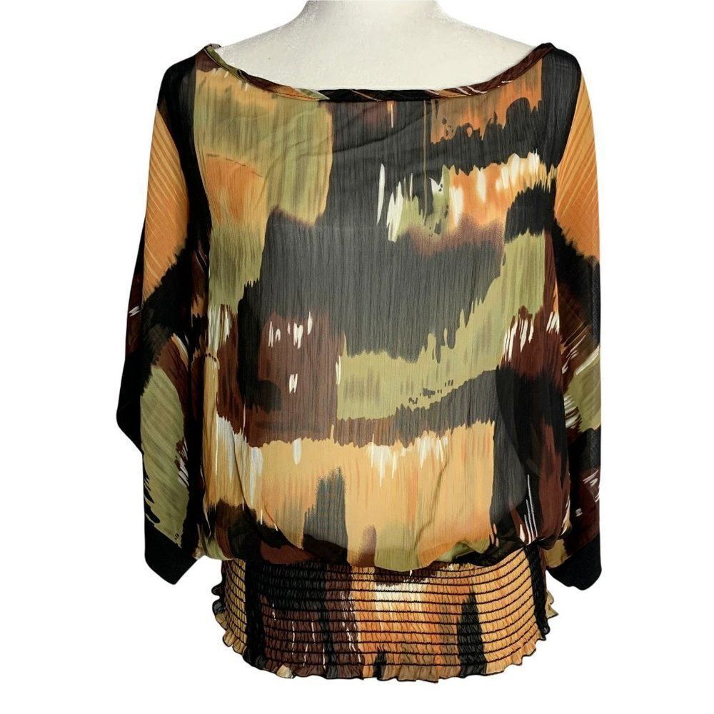 Vintage Y2K Kimono Dolman Sleeve Blouse M Brown Black Sheer Shirred Waist